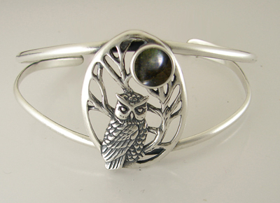 Sterling Silver Owl of the Dark Night Cuff Bracelet with Rainbow Moonstone